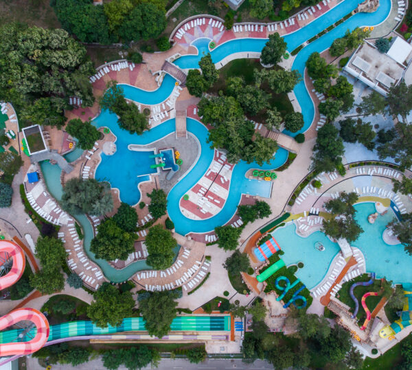 Aerial top view of a large and empty Water park with various Water slides and pools. Albena, Bulgaria